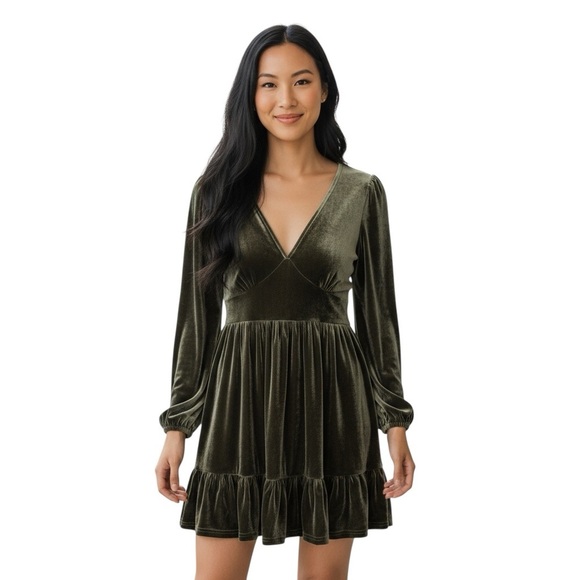 Halara Green Velvet Long Sleeve Dress – Small - Picture 5 of 5